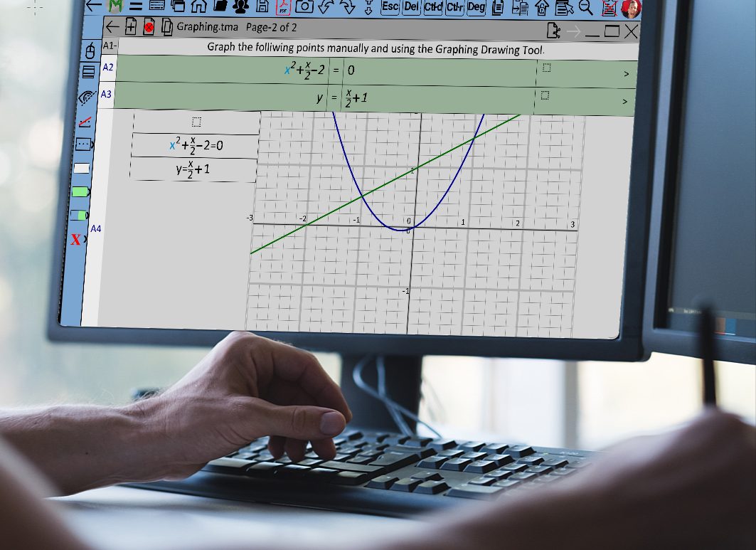 A student graphing two lines in The Math App on a desktop computer