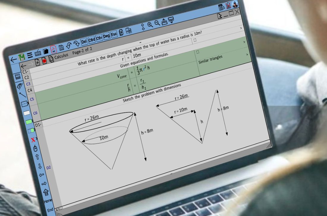 A geometry problem with a cone diagram open in The Math App on a laptop